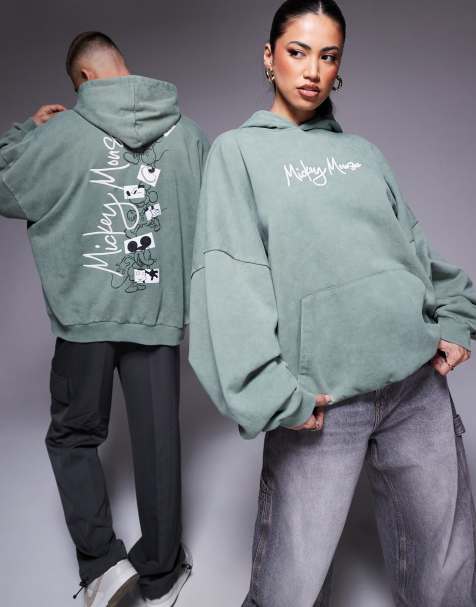 ASOS DESIGN Disney unisex extreme oversized hoodie with mickey prints in sage green - view 1
