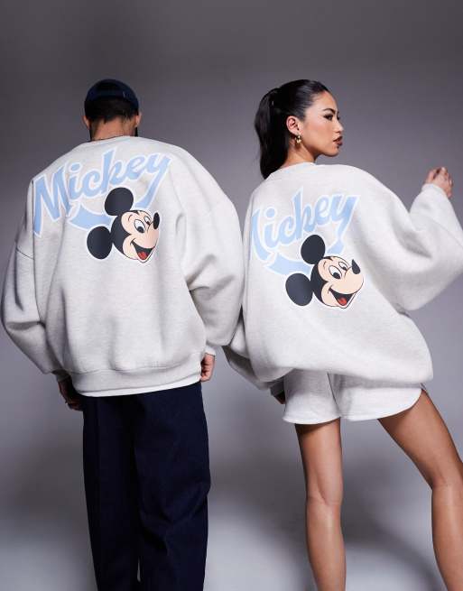 ASOS DESIGN Disney unisex extreme oversized scuba-style fabric sweatshirt with Mickey Mouse prints in white marl, 2 of 4