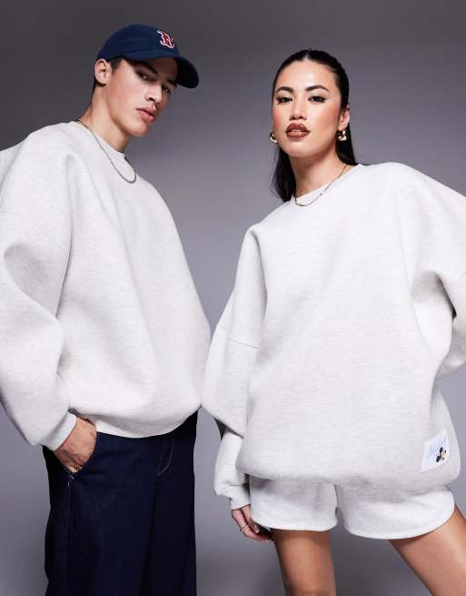 ASOS DESIGN Disney unisex extreme oversized scuba-style fabric sweatshirt with Mickey Mouse prints in white marl, 3 of 4