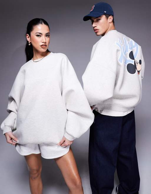 ASOS DESIGN Disney unisex extreme oversized scuba-style fabric sweatshirt with Mickey Mouse prints in white marl, 4 of 4