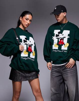 Asos Design Disney Unisex Extreme Oversized Sweatshirt With Turtle Neck And Mickey Print In Dark Green-blue