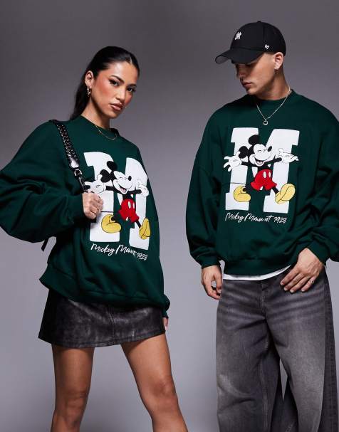 ASOS DESIGN Disney unisex extreme oversized sweatshirt with turtle neck and Mickey print in dark green - view 1