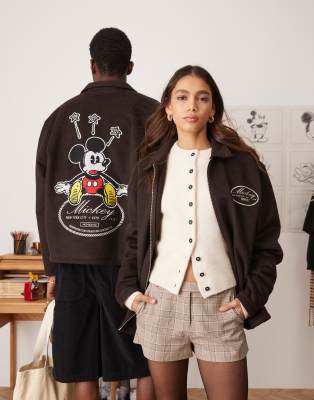 ASOS DESIGN - Disney - Unisex-Harringtonjacke in tiefbrauner Wolloptik mit Mickey-Mouse-Stickerei im Oversize-Schnitt-Gr...