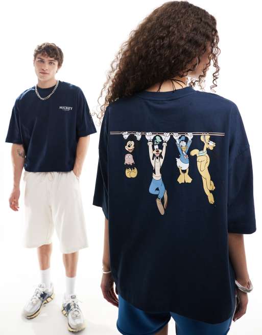 ASOS DESIGN – Disney – Unisex – Marinblå, boxig t-shirt i oversize med tryck av Musse Pigg och hans vänner