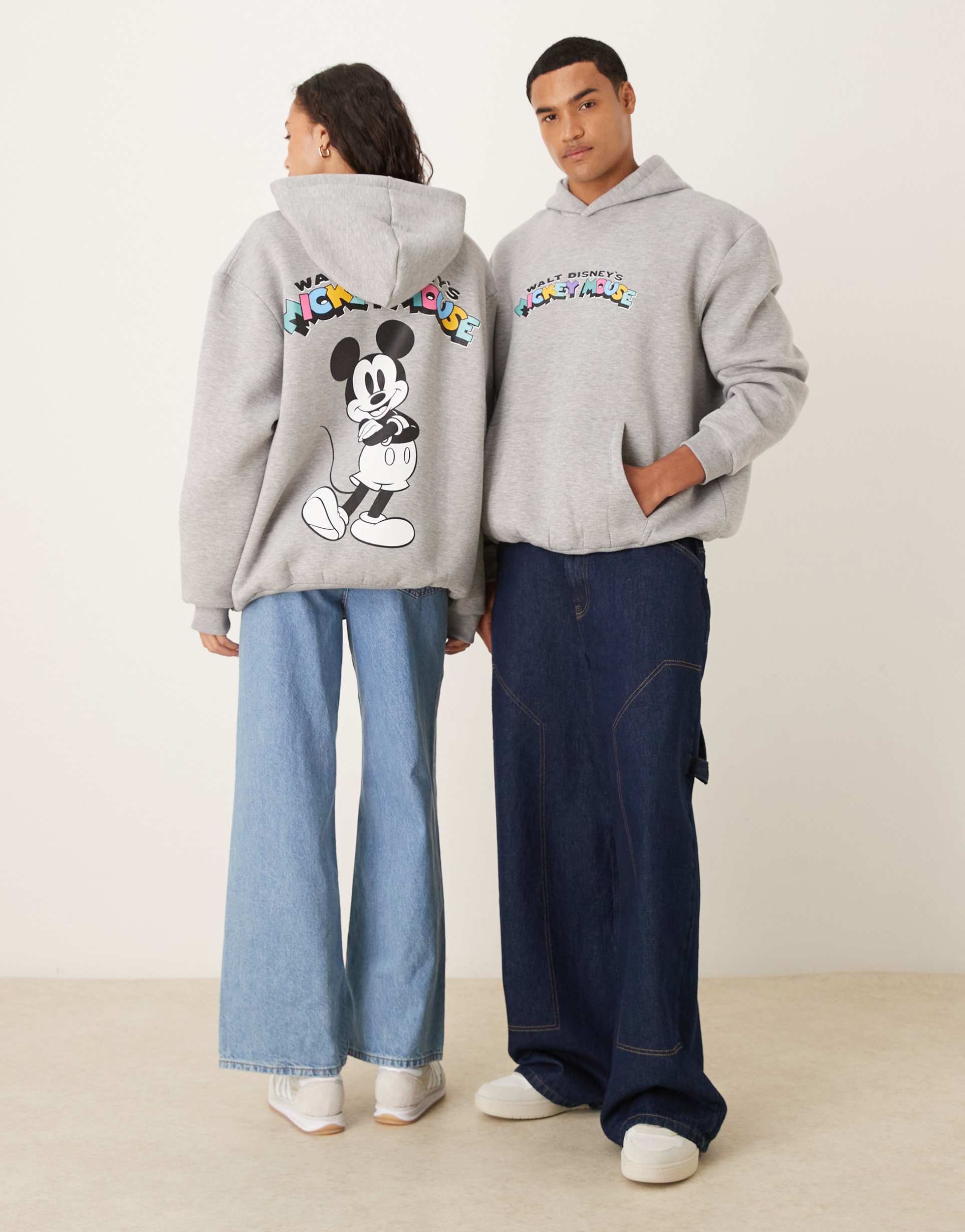 asos design disney unisex oversize heavyweight scuba-style fabric hoodie with mickey mouse print in gray
