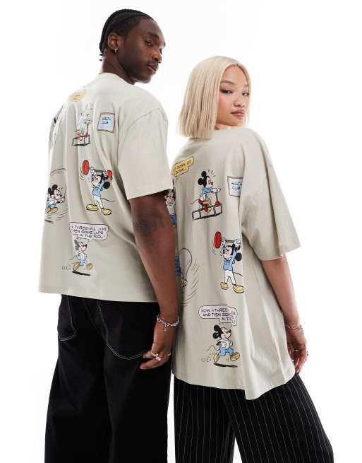 ASOS DESIGN Disney Unisex Oversize T Shirt in Beige mit Mickey Mouse Drucken