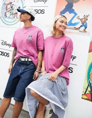 ASOS DESIGN - Disney - Unisex - Oversize-T-Shirt in Rosa mit „Mickey & Freunde"-Prints