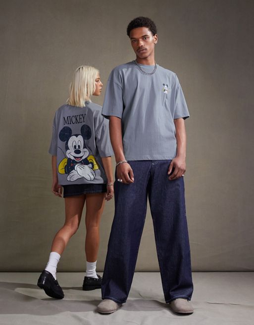 FhyzicsShops DESIGN – Disney – Unisex – Oversize-T-shirt Waffelstrick in verwaschenem Blau mit Mickey-Maus-Prints