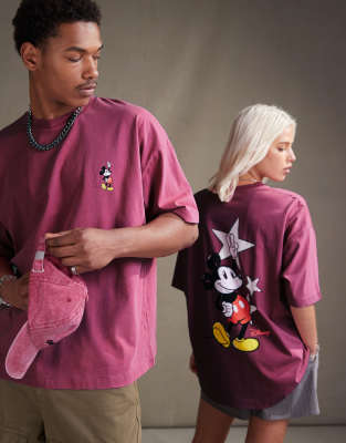 ASOS DESIGN - Disney - Unisex - Oversize-T-Shirt in verwaschenem Rosa mit Mickey-Maus-Prints