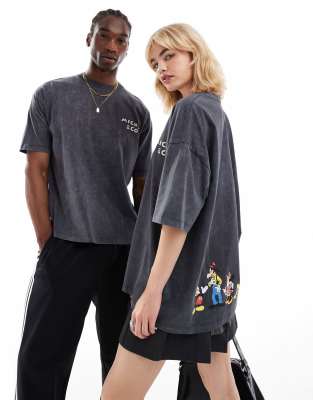 ASOS DESIGN - Disney - Unisex - Oversize-T-Shirt in verwaschenem Schwarz mit Mickey & Friends-Print