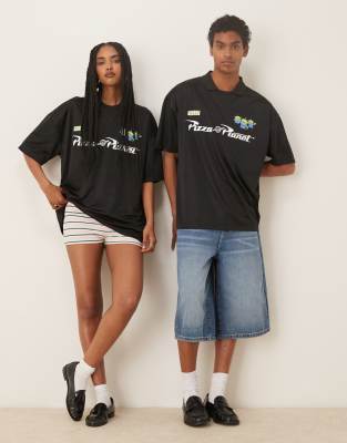 Asos Design Disney Unisex Oversized Athletic Jersey With Toy Story Pizza Planet Prints In Black