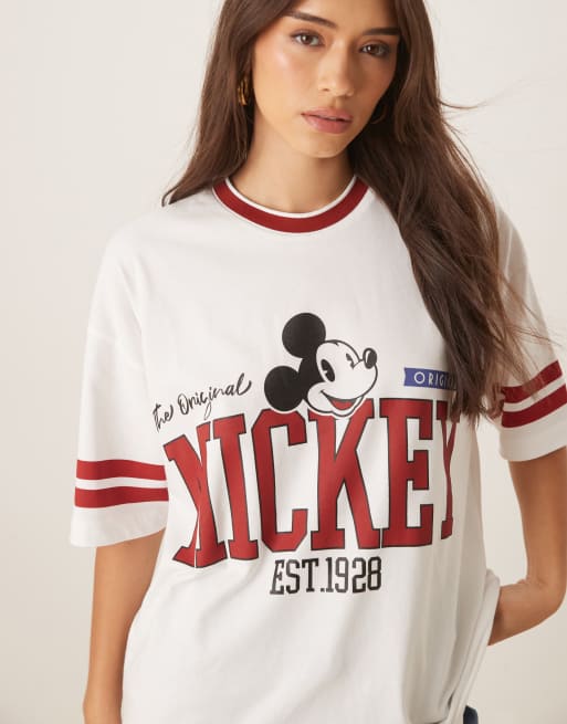 ASOS DESIGN Disney Unisex oversized baseball t-shirt with Mickey Mouse prints in white