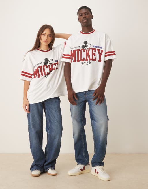 ASOS DESIGN Disney Unisex oversized baseball t-shirt with Mickey Mouse prints in white