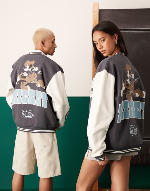 ASOS DESIGN Disney unisex oversized bomber jacket with Mickey Mouse print in black