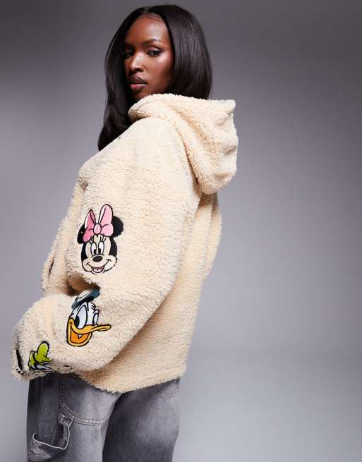 ASOS DESIGN Disney unisex oversized borg boxy hoodie with Mickey Mouse Friends embroidery in beige