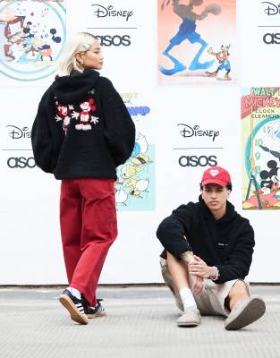 Asos Design Disney Unisex Oversized Borg Boxy Hoodie With Mickey Mouse & Minnie Mouse Embroidery In Black