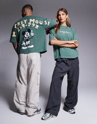 Asos Design Disney Unisex Oversized Boxy T-shirt With Mickey Mouse Puff Prints In Green