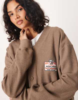 Asos Design Disney Unisex Oversized Cardigan With Mickey Mouse Print In Brown