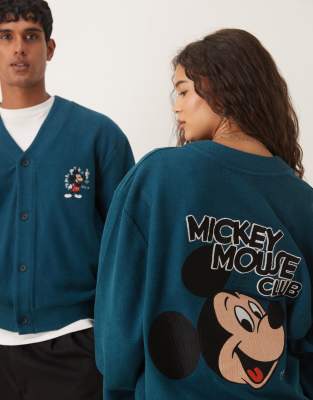 Asos Design Disney Unisex Oversized Cardigan With Mickey Mouse Print In Green