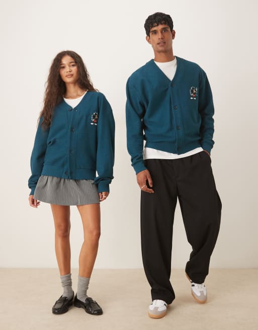 ASOS DESIGN Disney unisex oversized cardigan with Mickey Mouse print in dark green, 3 of 4