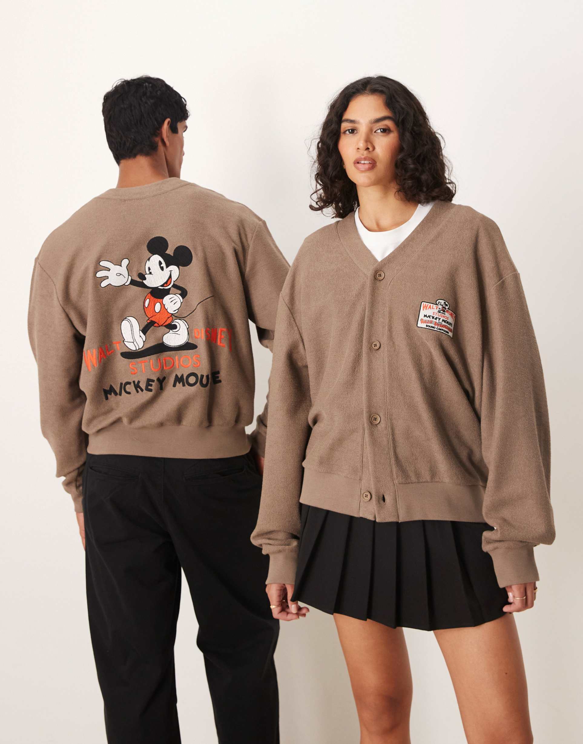 asos design disney unisex oversized cardigan with mickey mouse prints in brown