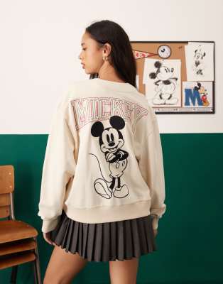 Asos Design Disney Unisex Oversized Cream Cardigan With Mickey Mouse Embroidered Print-neutral In White