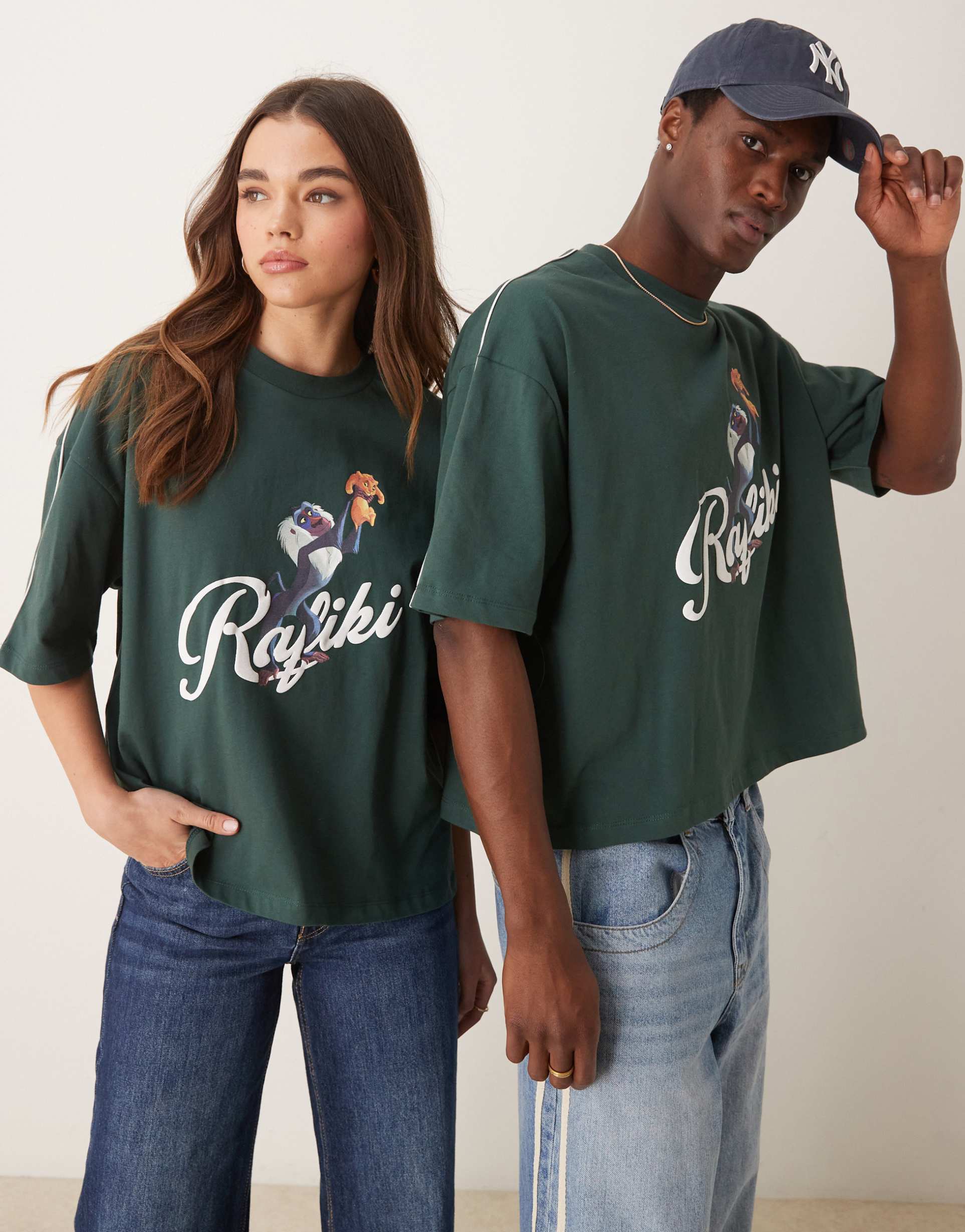 asos design disney unisex oversized cropped t-shirt with lion king rafiki print and piping in green