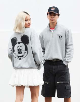 Asos Design Disney Unisex Oversized Half Zip Sweatshirt With Mickey Mouse Prints In Gray Heather