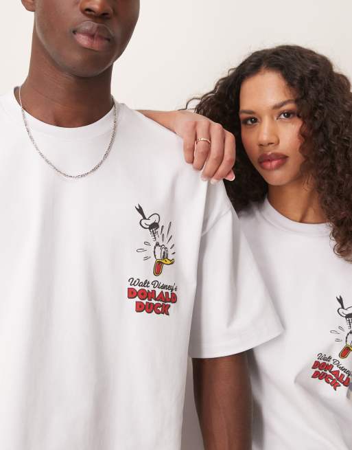 ASOS DESIGN Disney unisex oversized heavyweight boxy t-shirt with Donald Duck prints and embroidery in white