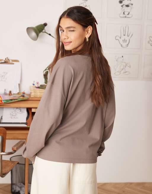 ASOS DESIGN Disney unisex oversized heavyweight long sleeve t-shirt with Mickey Mouse print in brown