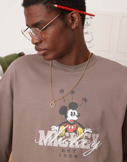 ASOS DESIGN Disney unisex oversized heavyweight long sleeve t-shirt with Mickey Mouse print in brown