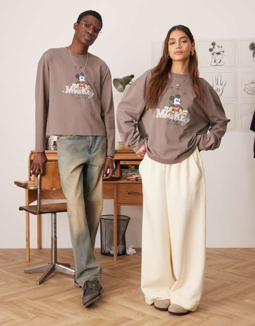 ASOS DESIGN Disney unisex oversized heavyweight long sleeve t-shirt with Mickey Mouse print in brown