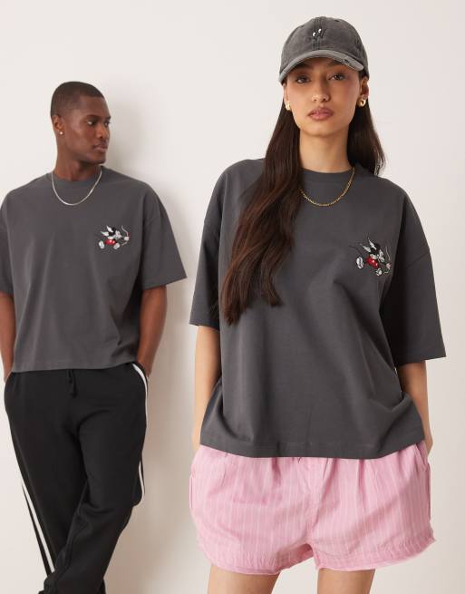 ASOS DESIGN Disney unisex oversized heavyweight t-shirt with Mickey Mouse cherub print in charcoal