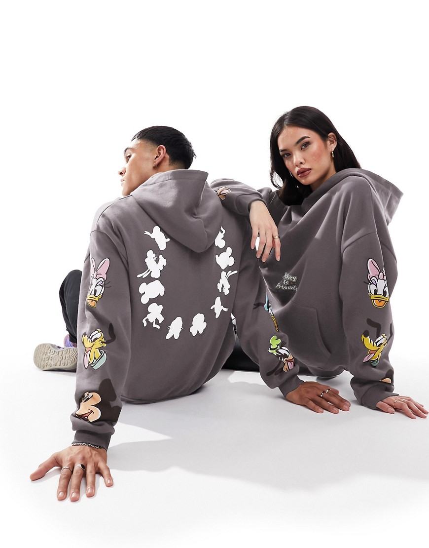 Asos Design Disney Unisex Oversized Hoodie In Charcoal With Multi Mickey Mouse And Friends Prints-gray