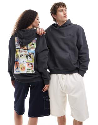 Asos Design Disney Unisex Oversized Hoodie With Mickey Mouse Comic Prints In Washed Black-gray