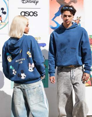 Asos Design Disney Unisex Oversized Hoodie With Mickey Mouse & Friends Prints In Blue-gray