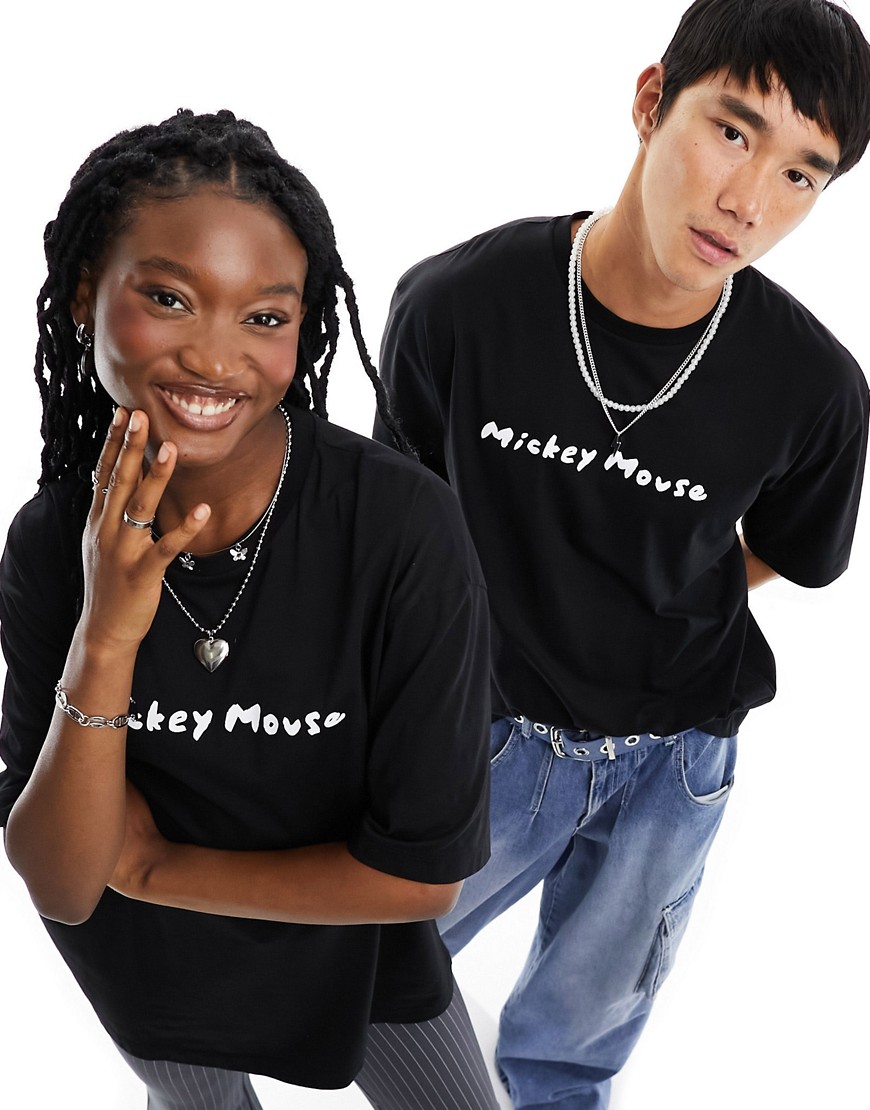 ASOS DESIGN Disney unisex oversized license tee in black with Mickey Mouse text print