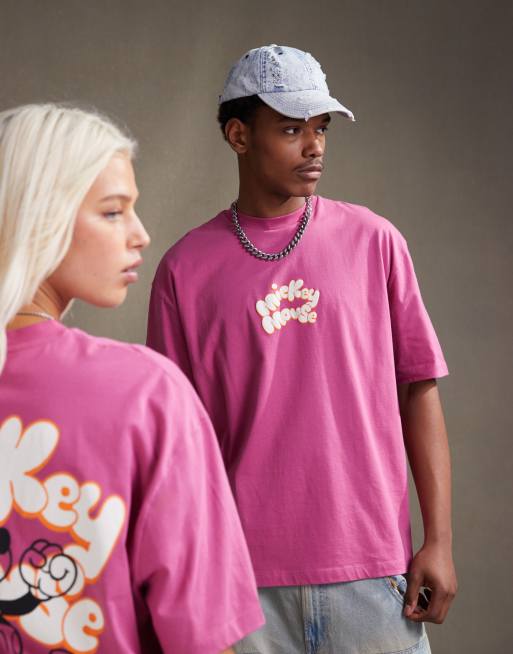 ASOS DESIGN Disney unisex oversized licensed tee in purple with Mickey Mouse puff prints 