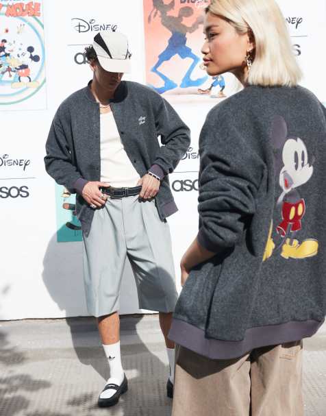 ASOS DESIGN - Disney - Unisex - Oversized og grå bomber-jakke med Mickey Mouse-print i uld - view 1