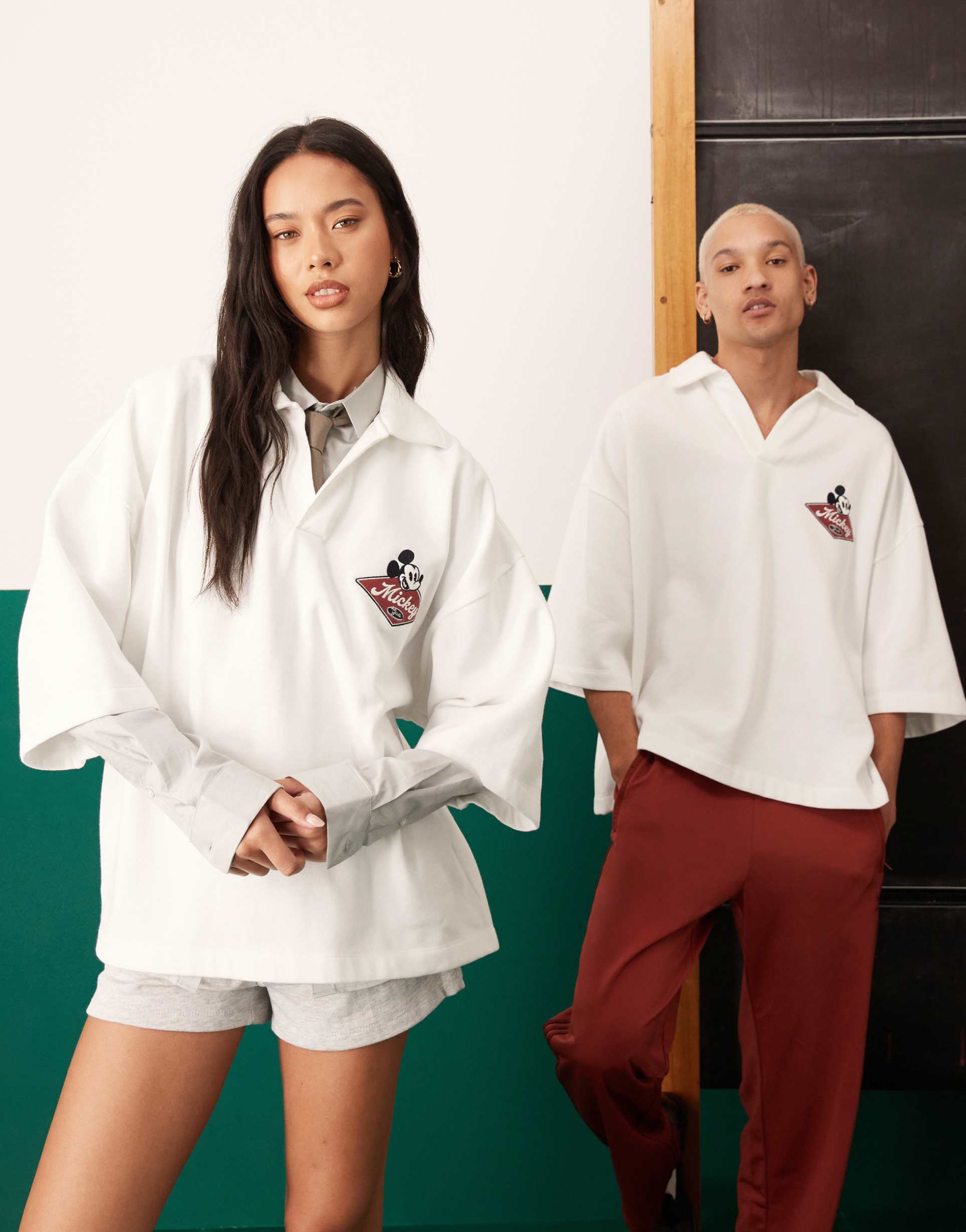 asos design disney unisex oversized polo shirt with embroidered mickey mouse prints in off white