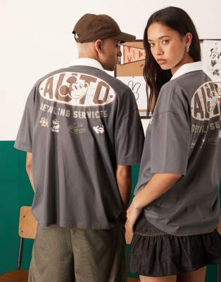 Asos Design Disney Unisex Oversized Polo Shirt With Mickey Mouse Prints In Gray