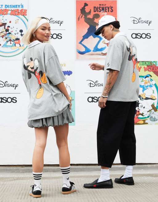 ASOS DESIGN Disney unisex oversized polo t-shirt with Mickey Mouse prints in grey marl, 3 of 4