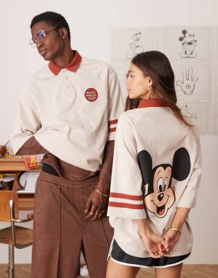 Asos Design Disney Unisex Oversized Raglan Polo T-shirt With Mickey Mouse Prints In Beige-neutral