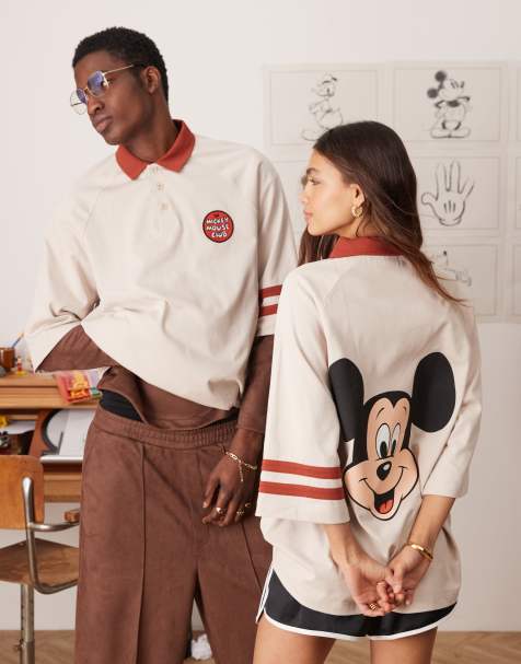 ASOS DESIGN Disney unisex oversized raglan polo t-shirt with Mickey Mouse prints in beige - view 1