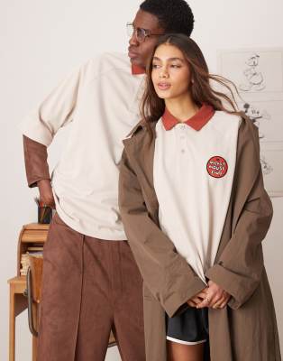 ASOS DESIGN Disney unisex oversized raglan polo t-shirt with Mickey Mouse prints in beige
