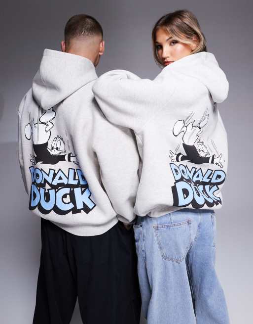 ASOS DESIGN Disney unisex oversized scuba-style fabric hoodie with Donald Duck prints in grey marl, 3 of 4