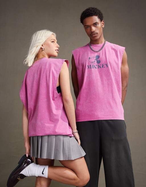 ASOS DESIGN Disney unisex oversized singlet with Mickey Mouse print in washed pink
