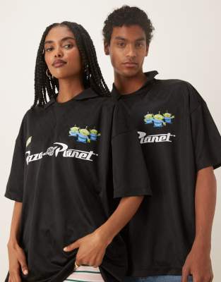 ASOS DESIGN Disney Unisex oversized athletic jersey with Toy Story Pizza Planet prints in black