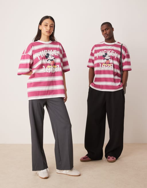 ASOS DESIGN Disney unisex oversized striped t-shirt with Mickey Mouse print in pink