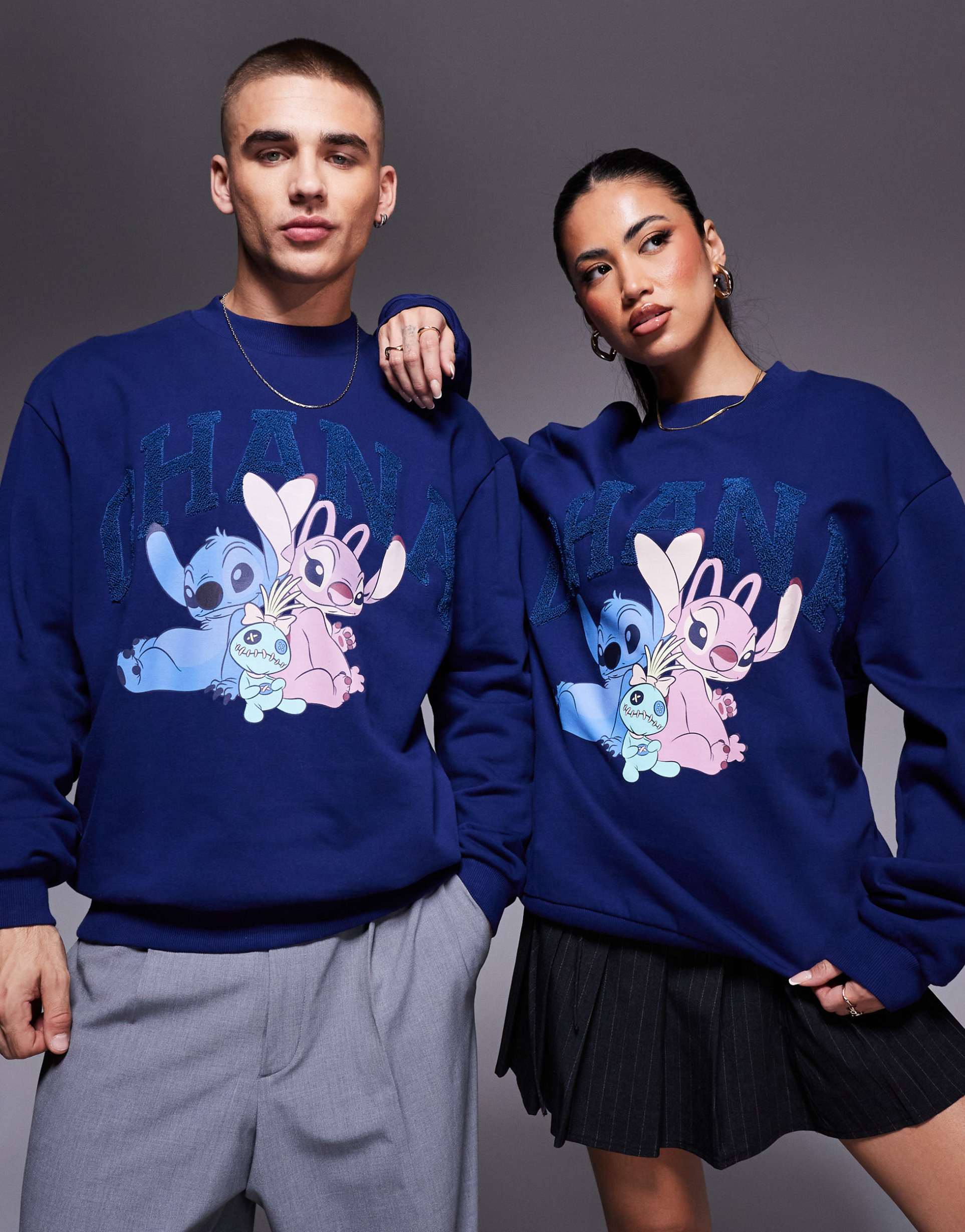 asos design disney unisex oversized sweatshirt with stitch and angel boucle print in navy